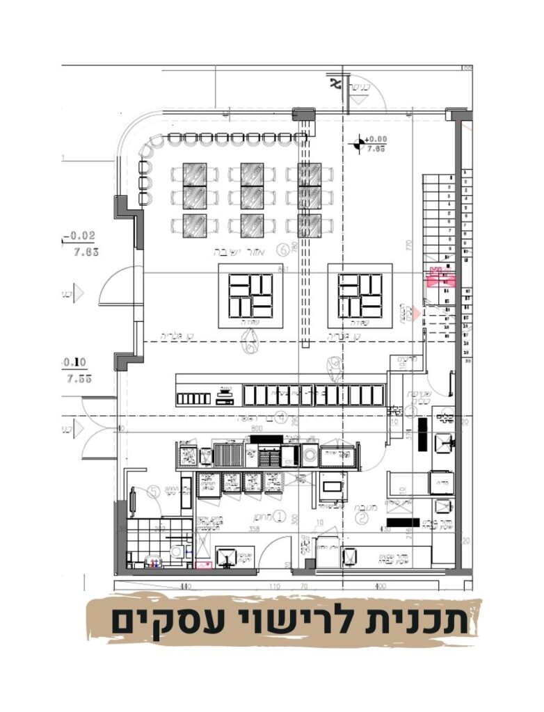 תכנית קומה למסעדה, כולל רישוי עסקים והכנת הפריסה.